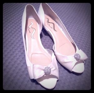 Low White Satin Heels